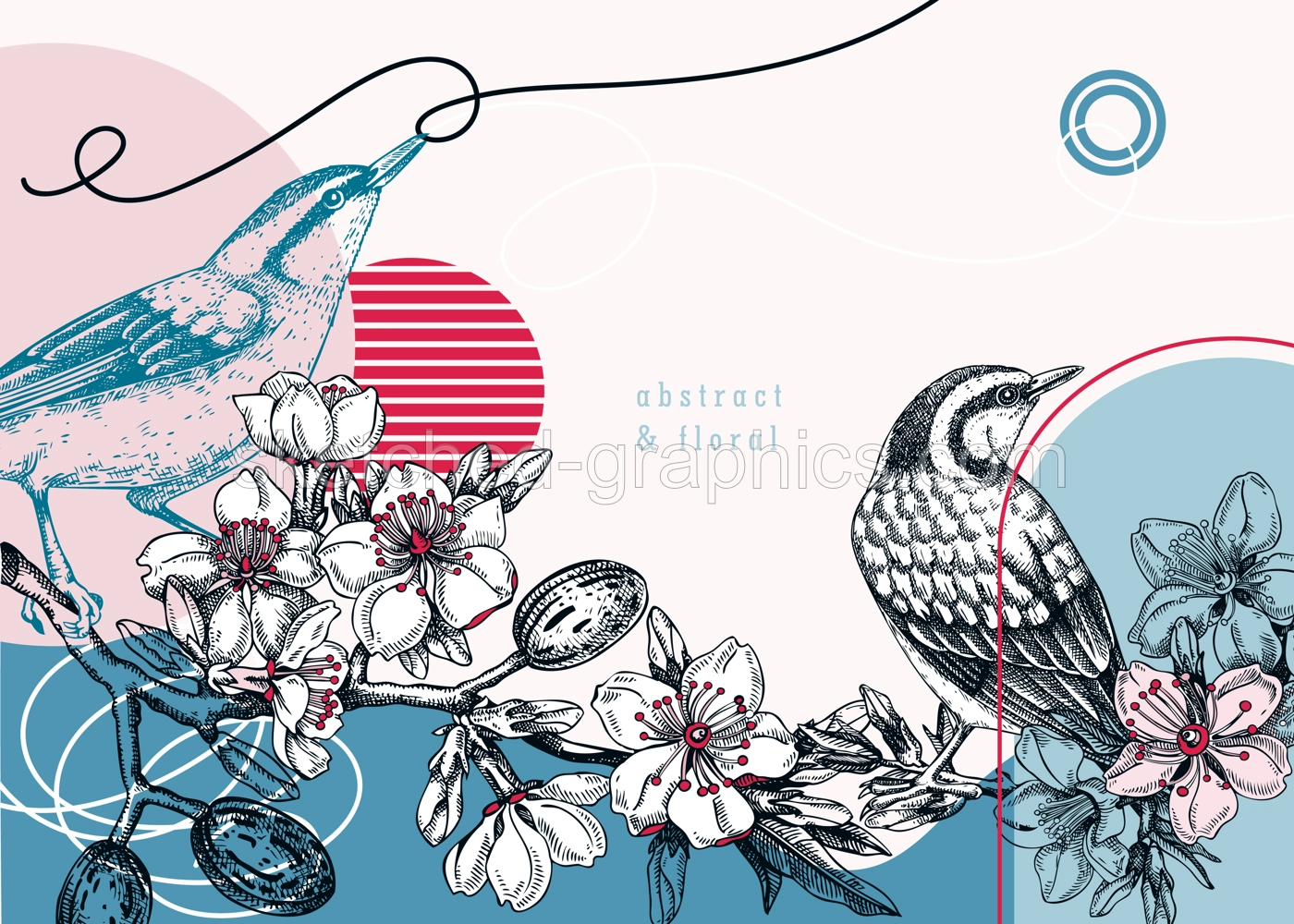 Nuthatchs sitting on flowering almond branch sketch. Vector spring garden illustration on chalkboard. Hand drawn passerine birds singing on blooming tree with nuts, leaves and flowers for print Illustration
